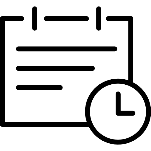 Icon depicting a notepad with written lines and a clock, symbolizing schedule, appointments, or time management.