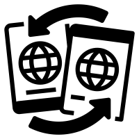 Icon depicting the inicio del blog, with two documents adorned with globe symbols, connected by a circular arrow, representing the exchange or translation of global or international information.