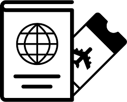 A black and white icon depicting a passport and a boarding pass for the inicio del blog. The passport shows a globe symbol, and the boarding pass has a torn edge and an airplane symbol.