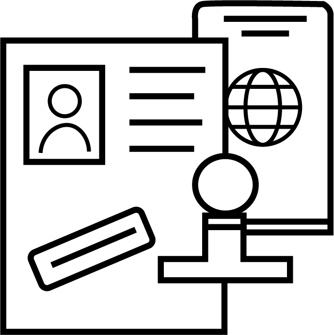 A line drawing icon representing a resume or cv, featuring a page layout with a photo placeholder, text lines, and the inicio del blog badge with a globe and a pencil placed diagonally next